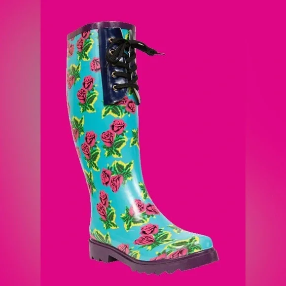 Betsey Johnson Shoes Betsey Johnson Teal Pink Floral Sashaaa Rain Boots Size 7 Lace Up Rubber Boots Poshmark